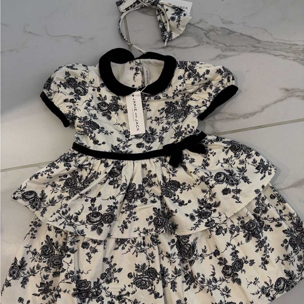 Janie and Jack Monochrome Floral Dress with Bow Headband